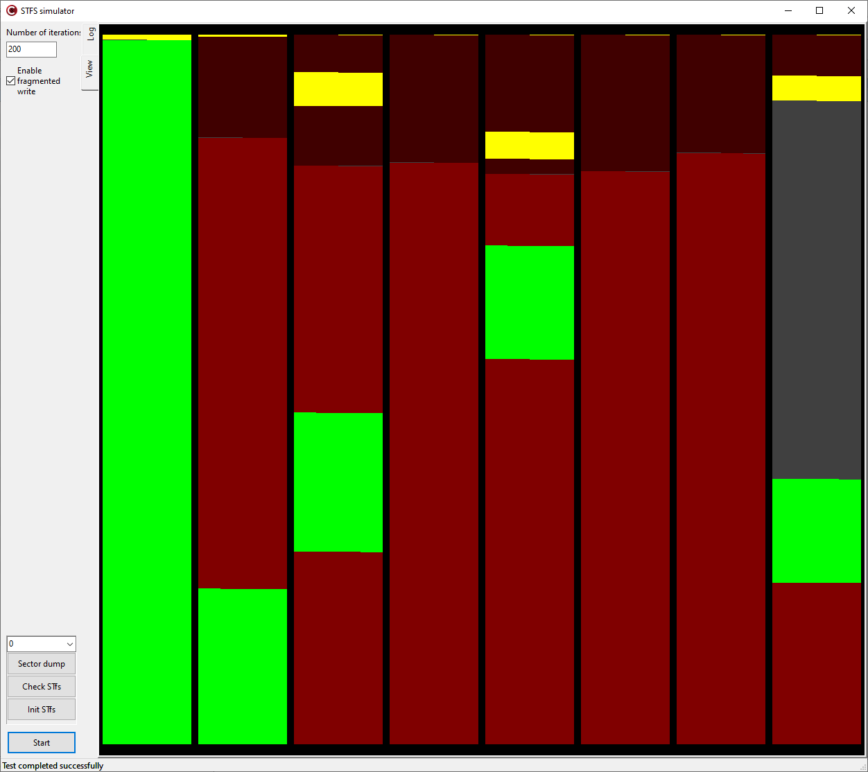 Внешний вид программы симулятора STfsКаждый пиксел в столбце отображает состояние байта в секторе. Каждый столбец это отдельный сектор. Адреса растут слева направо и снизу вверх.Зелёным цветом обозначаются блоки данных актуальных файлов, желтым обозначаются дескрипторы актуальных файлов. Красным и тёмно-красным обозначаются блоки уделенных файлов и их дескрипторов.Серый цвет обозначает чистые области Flash, куда еще ничего не записывалось после последнего стирания сектора.  
